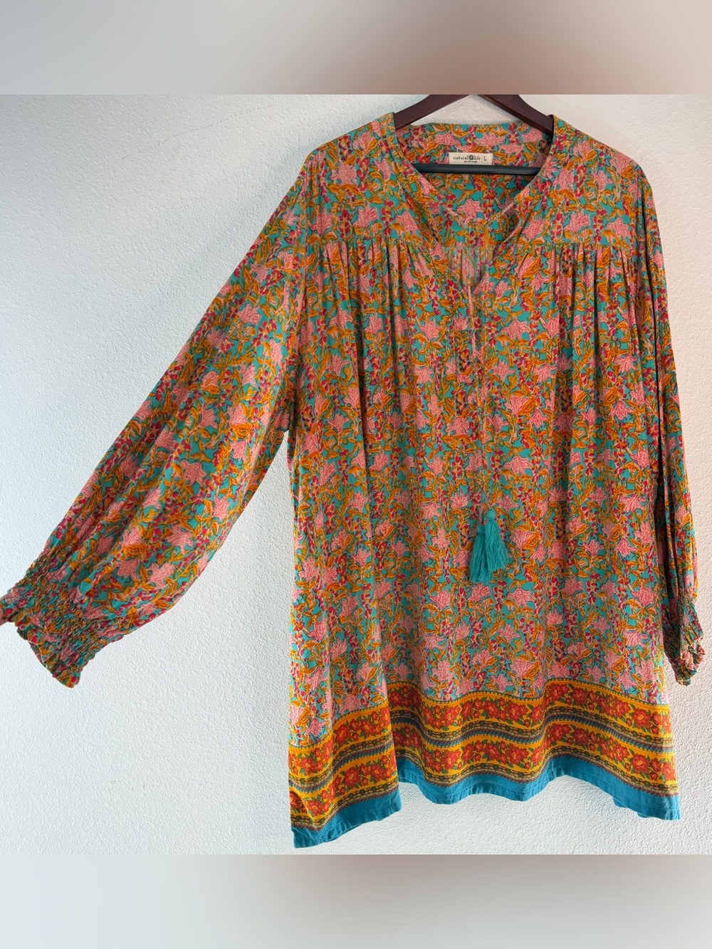 Natural Life Dara Vneck Mini Dress Boho Floral Teal Orange Tassel Tie Rayon L